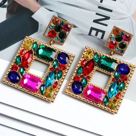 Anthropologie Jewelry - Multicolor Gemstone rhinestone Square Earrings